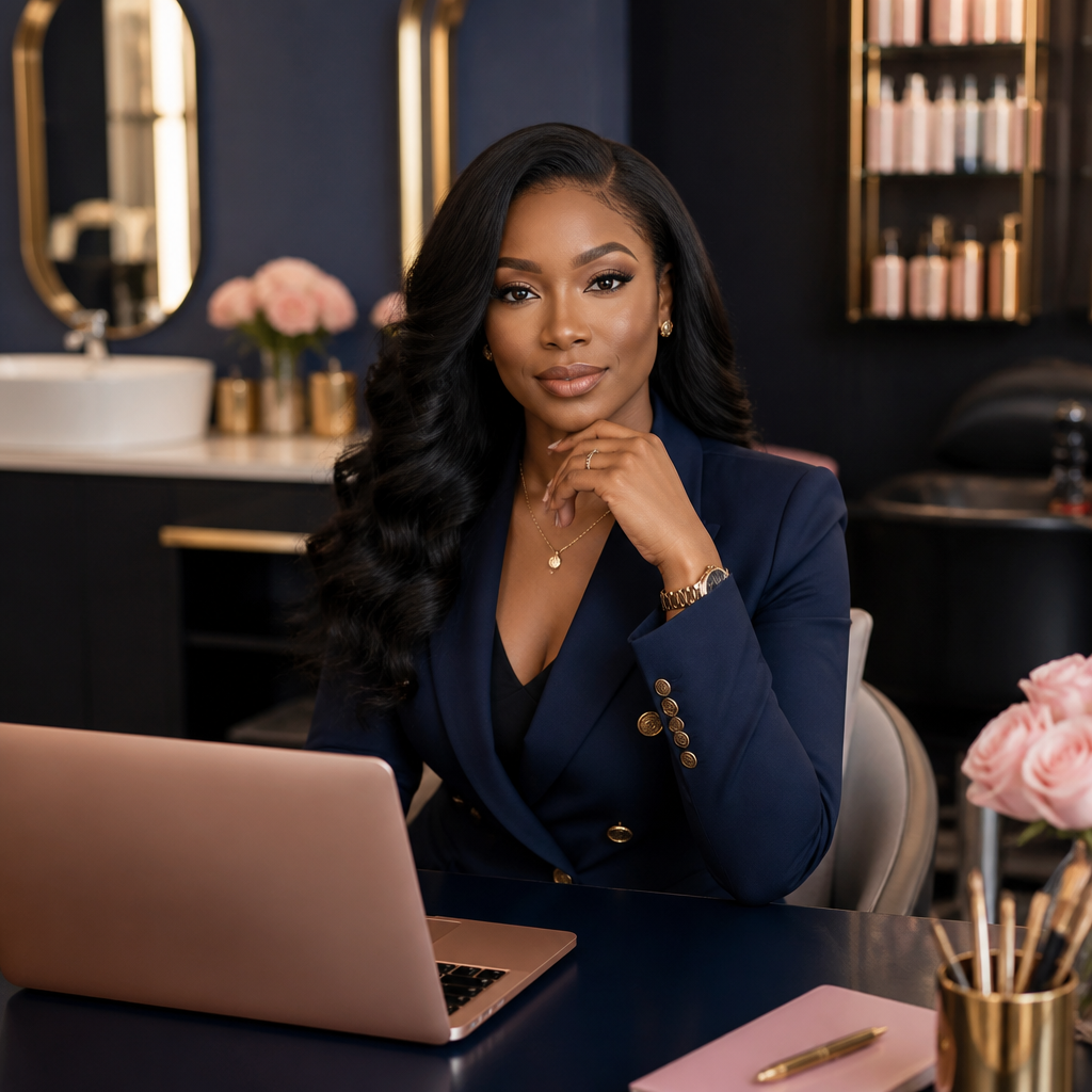 A confident beauty CEO inside her luxe salon suite, building her empire with Beautonomy Institute.